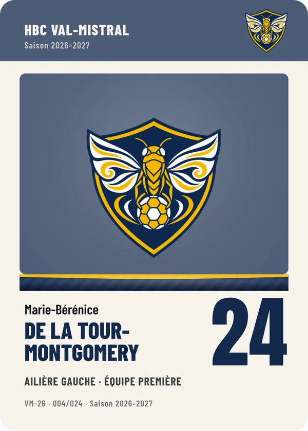 Carte Équipe de Marie-Bérénice de La Tour-Montgomery, sans photo, l’emblème à sa place, HBC Val-Mistral (exemple fictif)