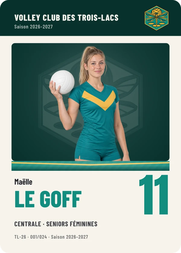 Carte Équipe de Maëlle Le Goff, photo détourée, Volley Club des Trois-Lacs (exemple fictif)