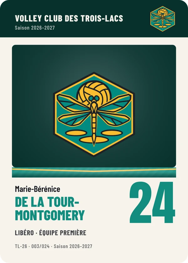 Carte Équipe de Marie-Bérénice de La Tour-Montgomery, sans photo, l’emblème à sa place, Volley Club des Trois-Lacs (exemple fictif)