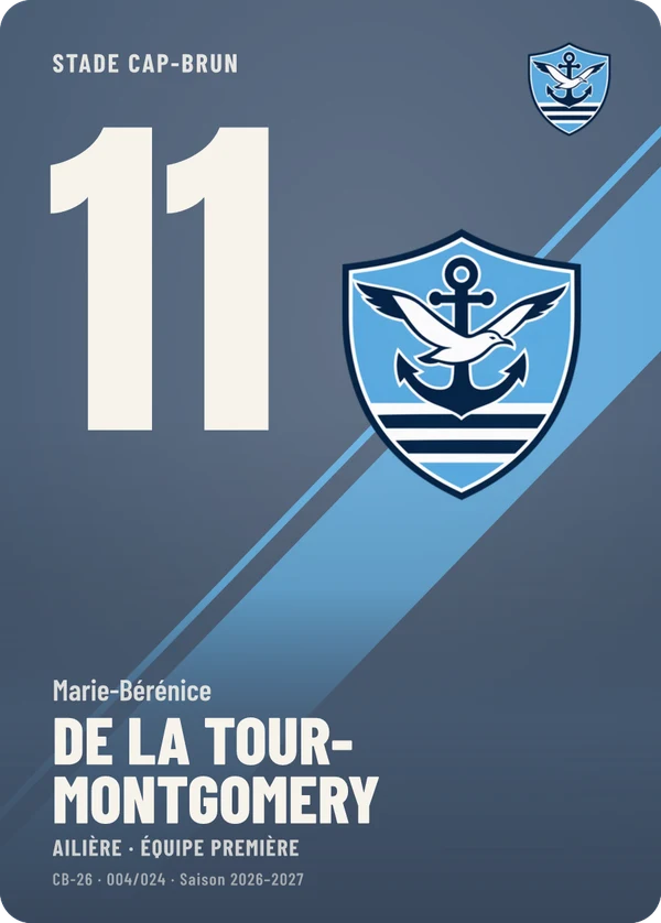 Carte Impact de Marie-Bérénice de La Tour-Montgomery, sans photo, l’emblème à sa place, Stade Cap-Brun (exemple fictif)