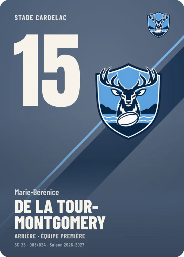 Carte Impact de Marie-Bérénice de La Tour-Montgomery, sans photo, l’emblème à sa place, Stade Cardelac (exemple fictif)