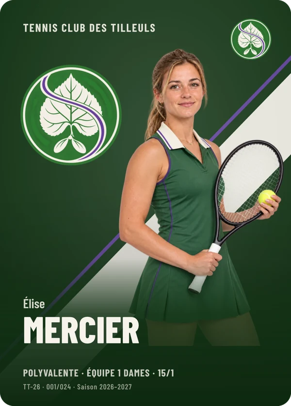 Carte Impact de Élise Mercier, photo détourée, Tennis Club des Tilleuls (exemple fictif)