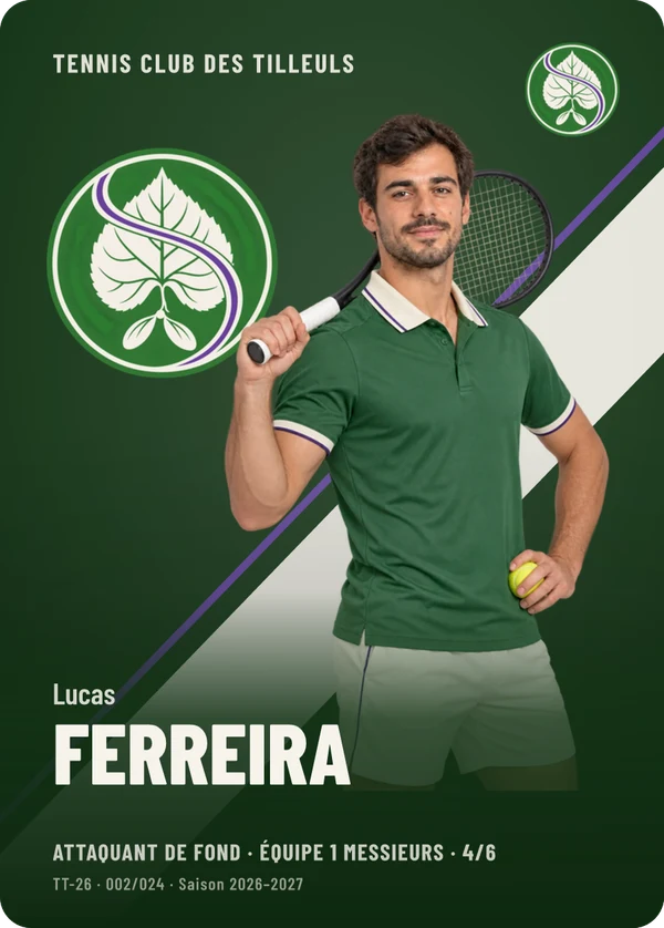 Carte Impact de Lucas Ferreira, photo détourée, Tennis Club des Tilleuls (exemple fictif)