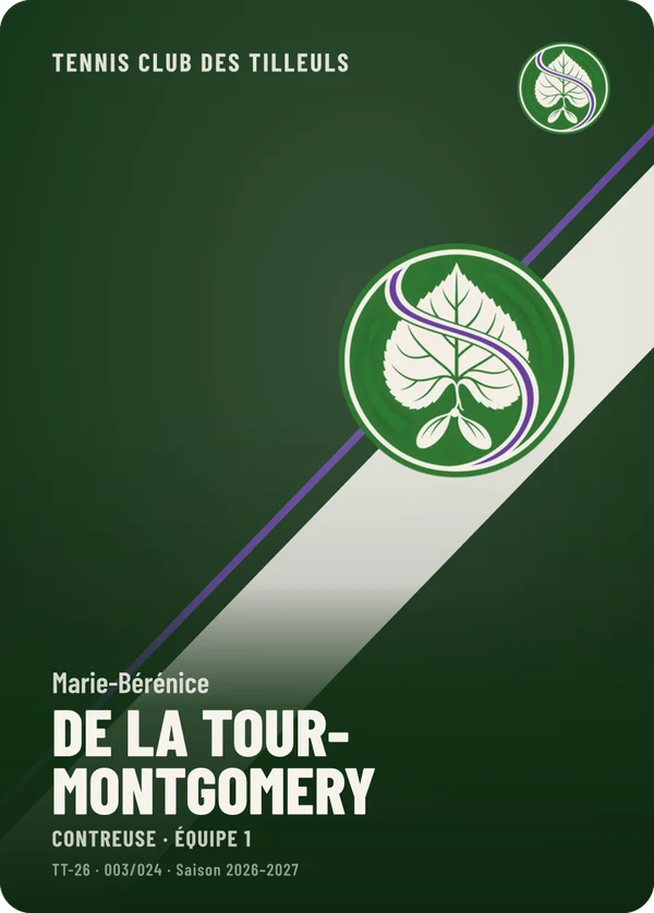Carte Impact de Marie-Bérénice de La Tour-Montgomery, sans photo, l’emblème à sa place, Tennis Club des Tilleuls (exemple fictif)