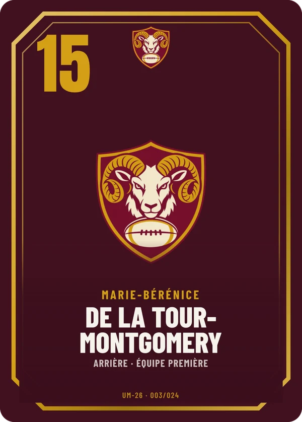 Carte Prestige de Marie-Bérénice de La Tour-Montgomery, sans photo, l’emblème à sa place, US Montaurel (exemple fictif)