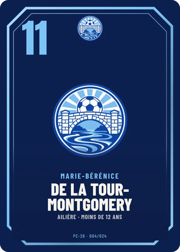 Carte Prestige de Marie-Bérénice de La Tour-Montgomery, sans photo, l’emblème à sa place, AS Pont-Clair (exemple fictif)