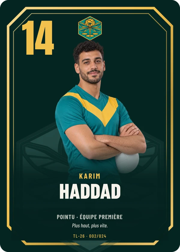 Carte Prestige de Karim Haddad, photo détourée, Volley Club des Trois-Lacs (exemple fictif)