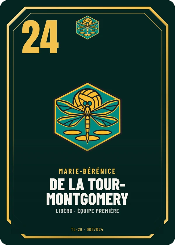 Carte Prestige de Marie-Bérénice de La Tour-Montgomery, sans photo, l’emblème à sa place, Volley Club des Trois-Lacs (exemple fictif)