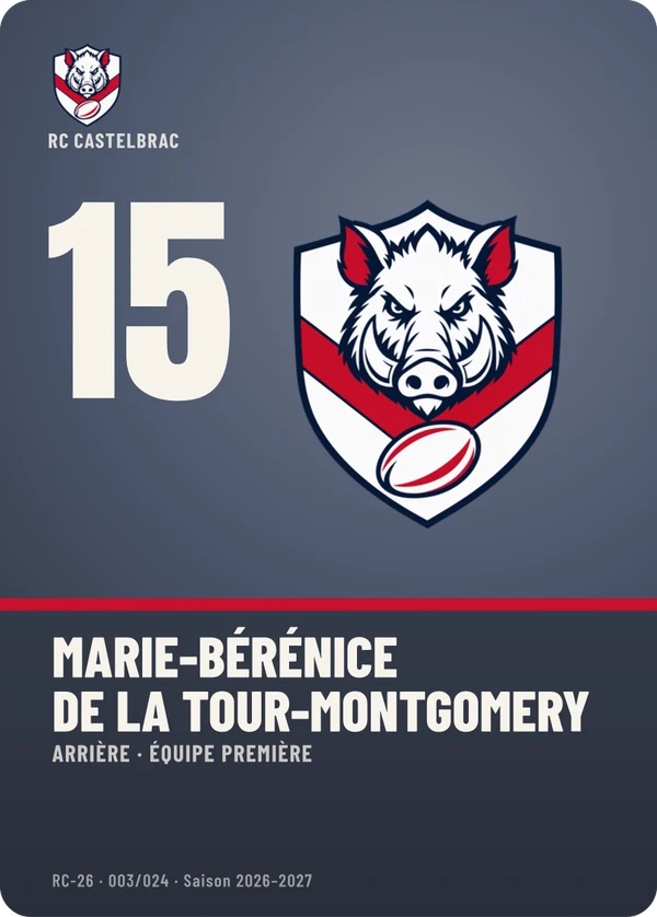 Carte Profil de Marie-Bérénice de La Tour-Montgomery, sans photo, l’emblème à sa place, RC Castelbrac (exemple fictif)