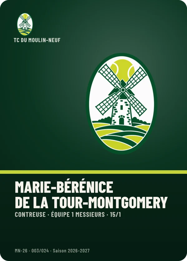 Carte Profil de Marie-Bérénice de La Tour-Montgomery, sans photo, l’emblème à sa place, TC du Moulin-Neuf (exemple fictif)