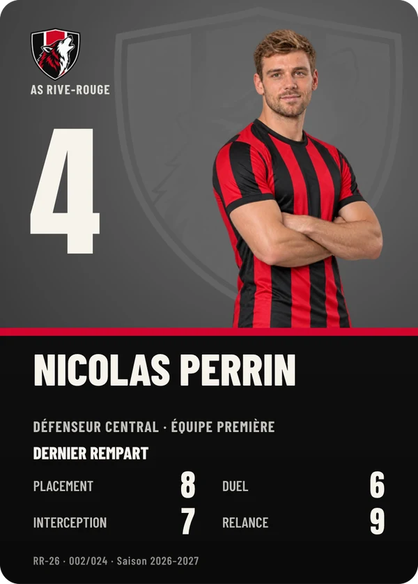 Carte Profil de Nicolas Perrin, photo détourée, AS Rive-Rouge (exemple fictif)