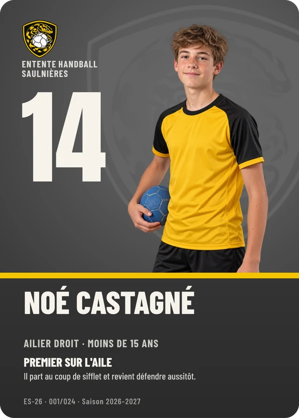 Carte Profil de Noé Castagné, photo détourée, Entente Handball Saulnières (exemple fictif)
