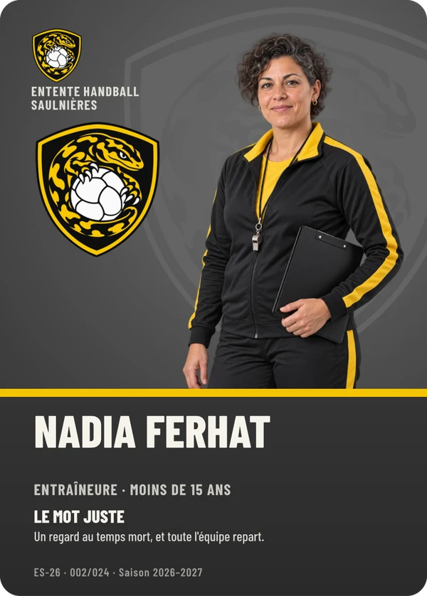 Carte Profil de Nadia Ferhat, photo détourée, Entente Handball Saulnières (exemple fictif)