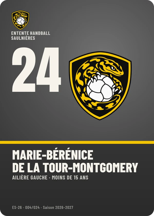 Carte Profil de Marie-Bérénice de La Tour-Montgomery, sans photo, l’emblème à sa place, Entente Handball Saulnières (exemple fictif)