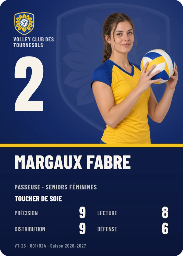 Carte Profil de Margaux Fabre, photo détourée, Volley Club des Tournesols (exemple fictif)
