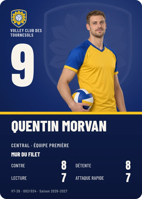 Carte Profil de Quentin Morvan, photo détourée, Volley Club des Tournesols (exemple fictif)
