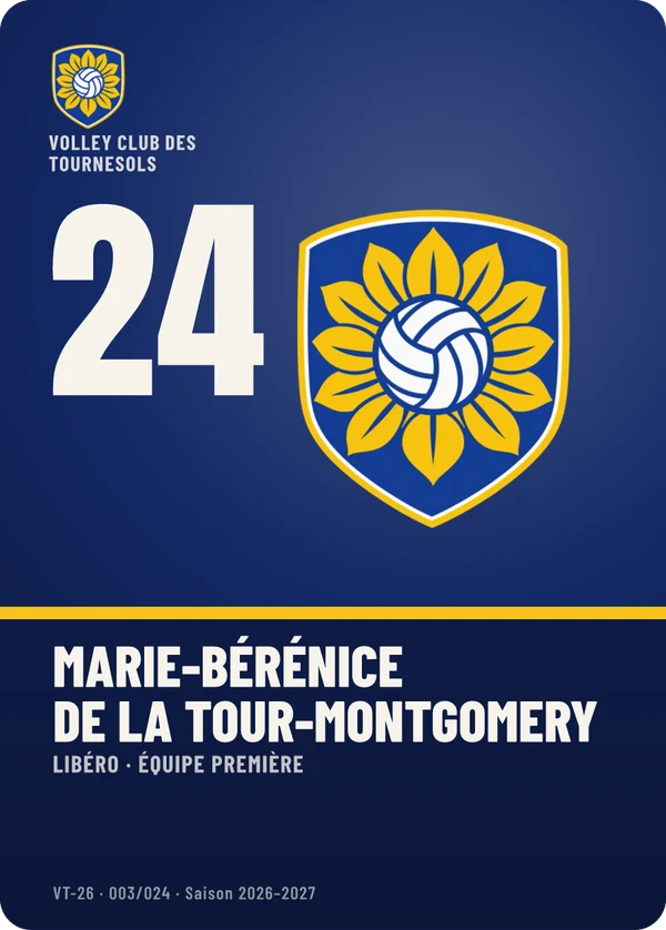 Carte Profil de Marie-Bérénice de La Tour-Montgomery, sans photo, l’emblème à sa place, Volley Club des Tournesols (exemple fictif)