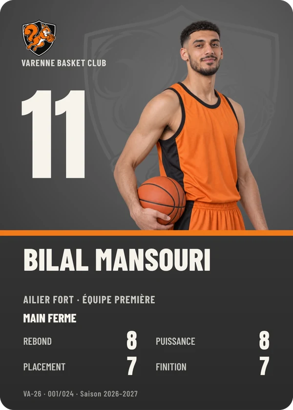 Carte Profil de Bilal Mansouri, photo détourée, Varenne Basket Club (exemple fictif)