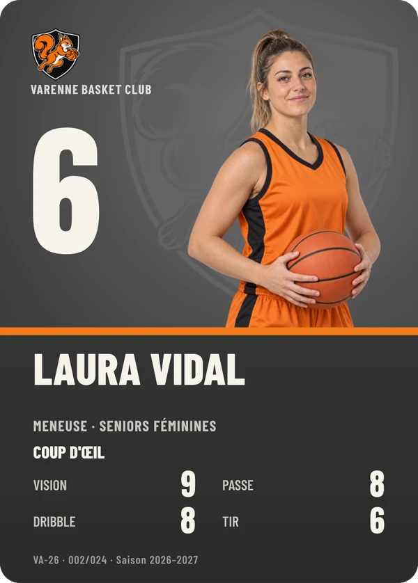 Carte Profil de Laura Vidal, photo détourée, Varenne Basket Club (exemple fictif)