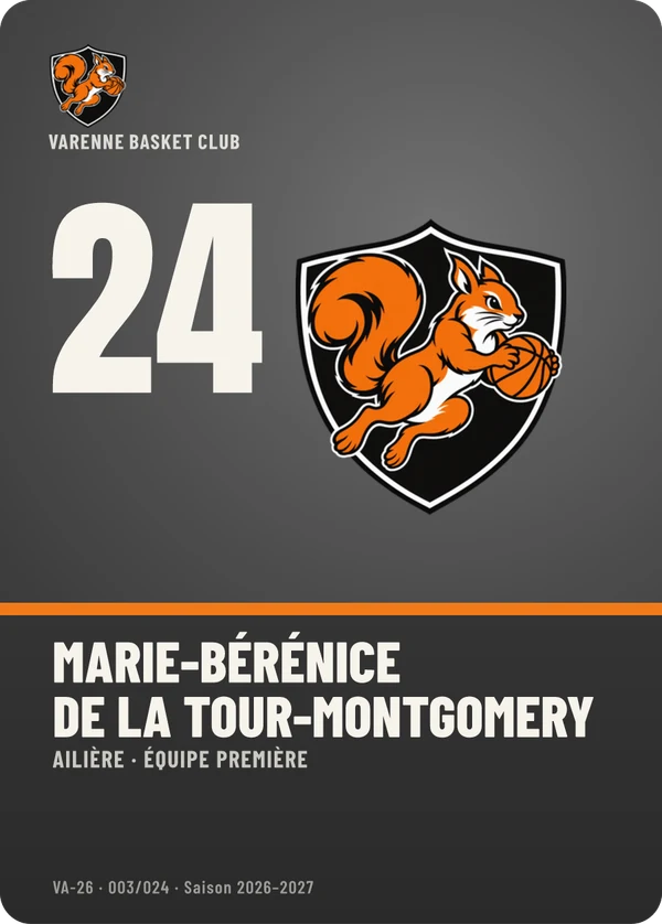 Carte Profil de Marie-Bérénice de La Tour-Montgomery, sans photo, l’emblème à sa place, Varenne Basket Club (exemple fictif)
