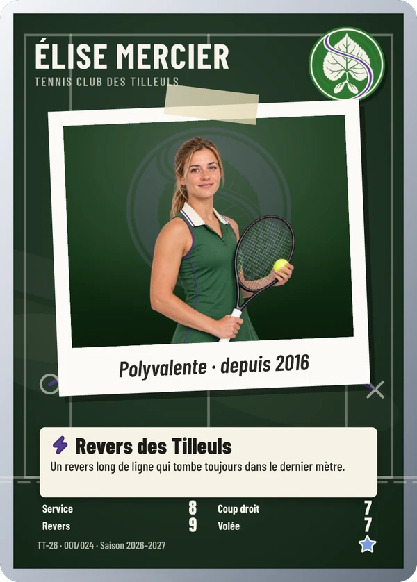 Carte Tableau tactique de Élise Mercier, photo détourée, Tennis Club des Tilleuls (exemple fictif)