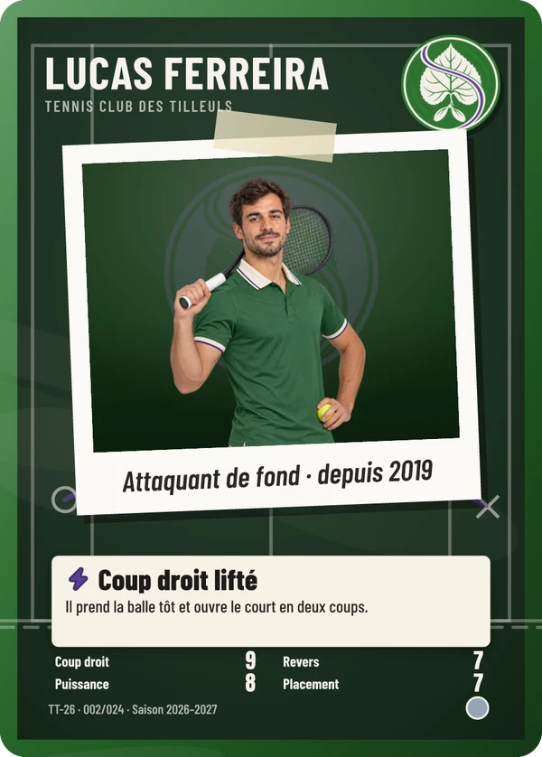 Carte Tableau tactique de Lucas Ferreira, photo détourée, Tennis Club des Tilleuls (exemple fictif)